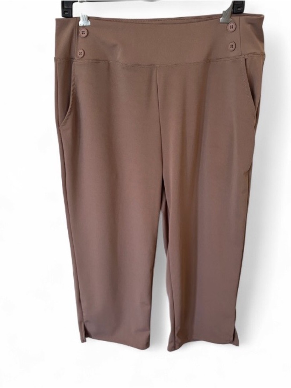 Pull-On Crop Capri Pants in Taupe with Button Detail